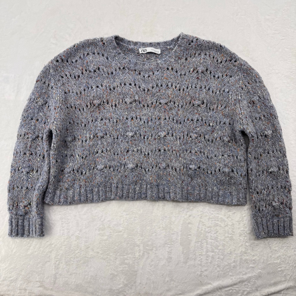 Zara Pastel Blue Flecked Cropped Sweater Loose Knit Cottagecore Cozy Textured M